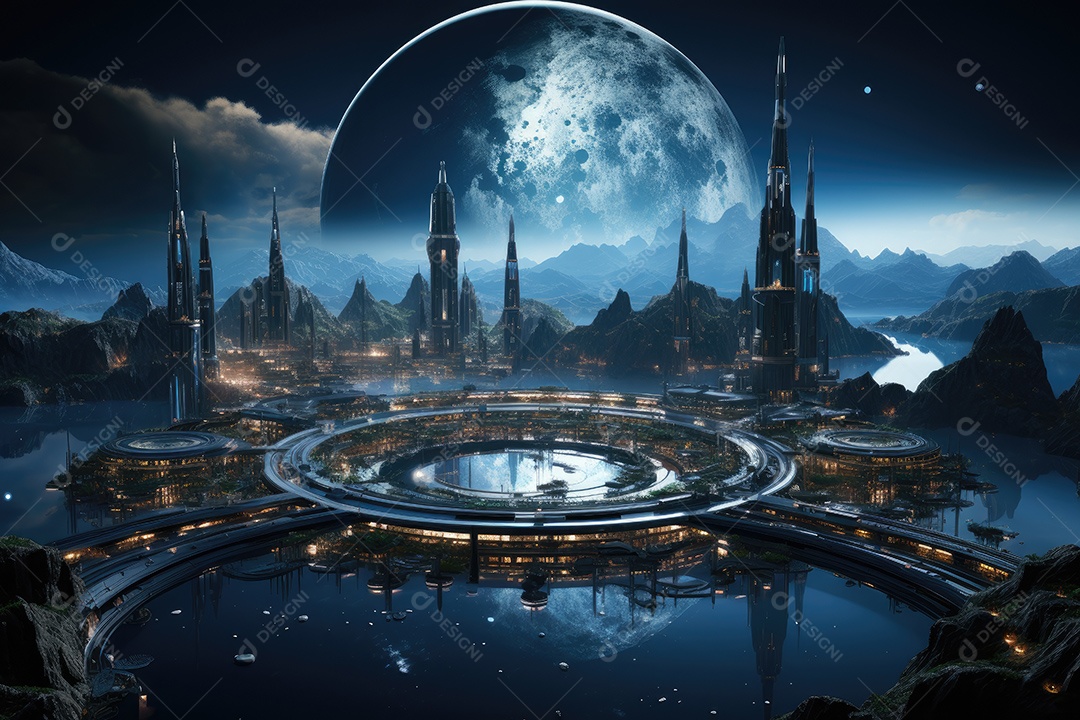 Elementos de renderização 3D de uma cidade espacial futurista gerada por IA