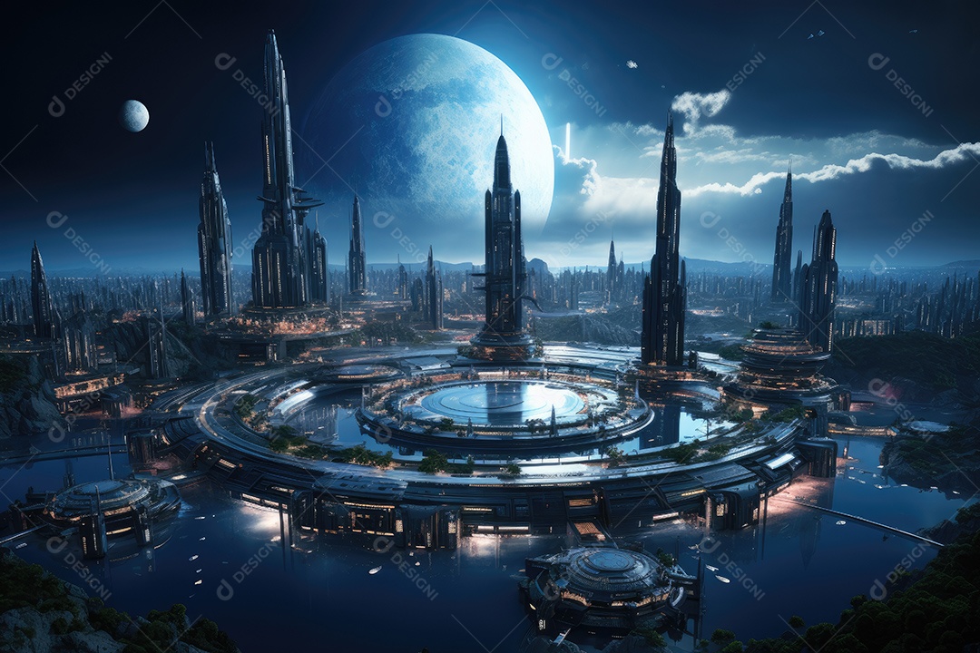 Elementos de renderização 3D de uma cidade espacial futurista gerada por IA
