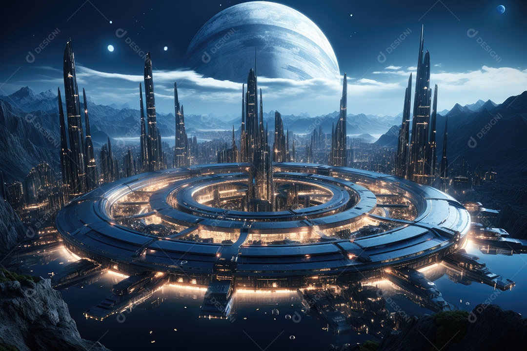 Elementos de renderização 3D de uma cidade espacial futurista gerada por IA