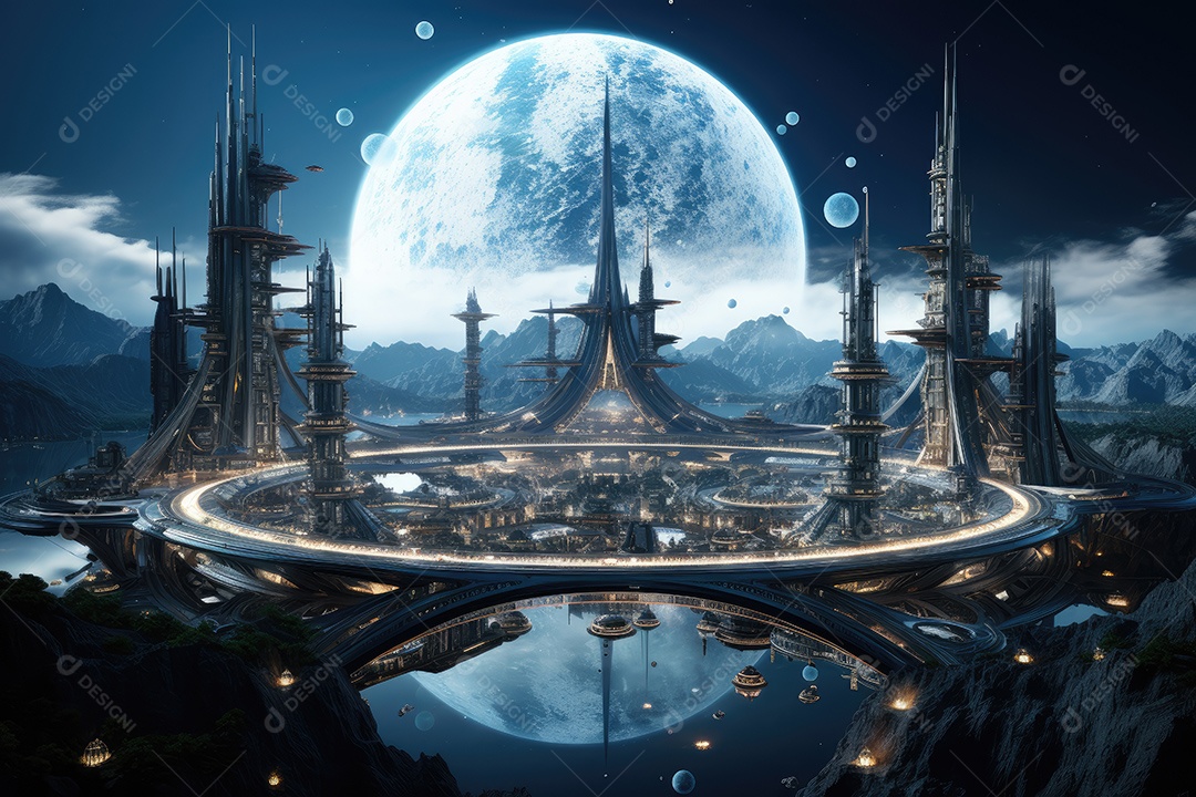 Elementos de renderização 3D de uma cidade espacial futurista gerada por IA