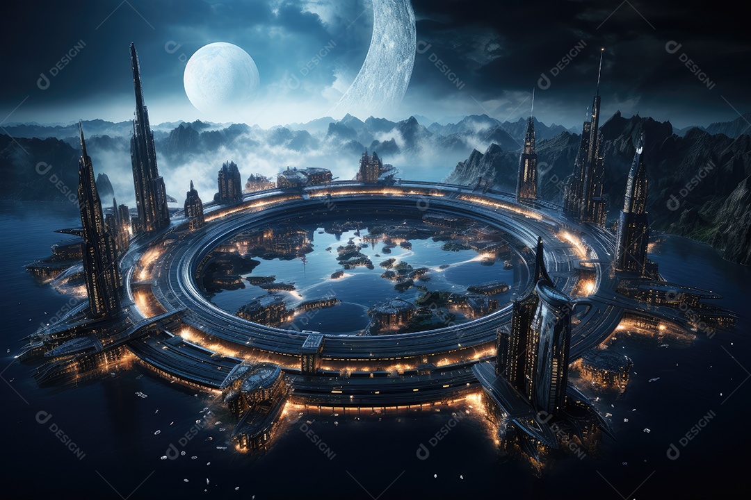 Elementos de renderização 3D de uma cidade espacial futurista gerada por IA