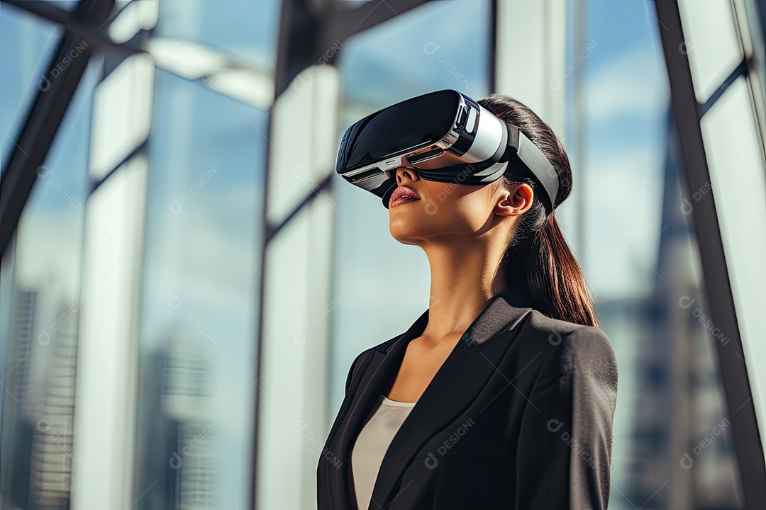 Mulher de negócios usando um óculos de realidade virtual gerado por IA