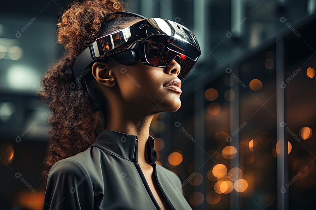 Mulher de negócios usando um óculos de realidade virtual gerado por IA