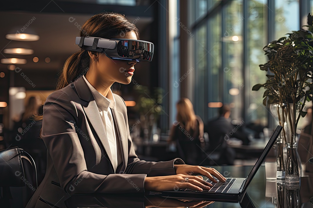 Mulher de negócios usando um óculos de realidade virtual gerado por IA