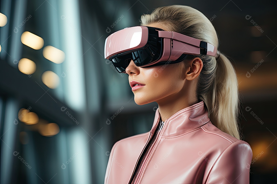 Mulher de negócios usando um óculos de realidade virtual gerado por IA
