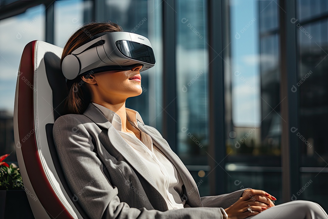 Mulher de negócios usando um óculos de realidade virtual gerado por IAMulher de negócios usando um óculos de realidade virtual gerado por IA