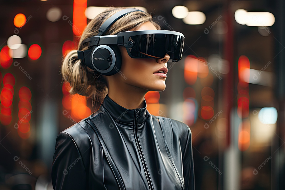 Mulher de negócios usando um óculos de realidade virtual gerado por IA
