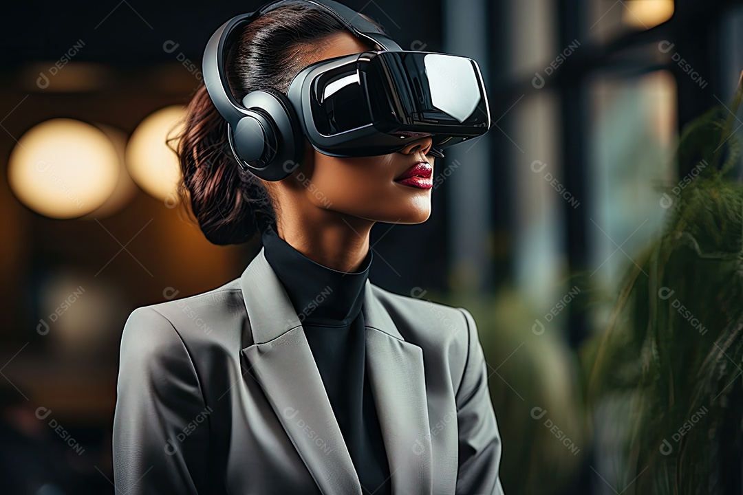 Mulher de negócios usando um óculos de realidade virtual gerado por IA
