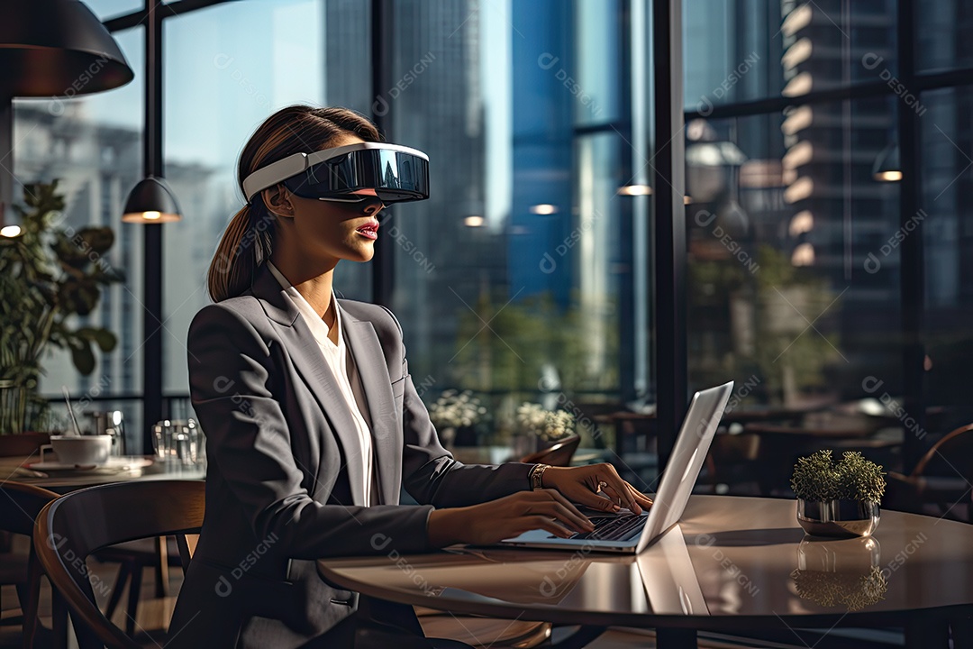 Mulher de negócios usando um óculos de realidade virtual gerado por IA