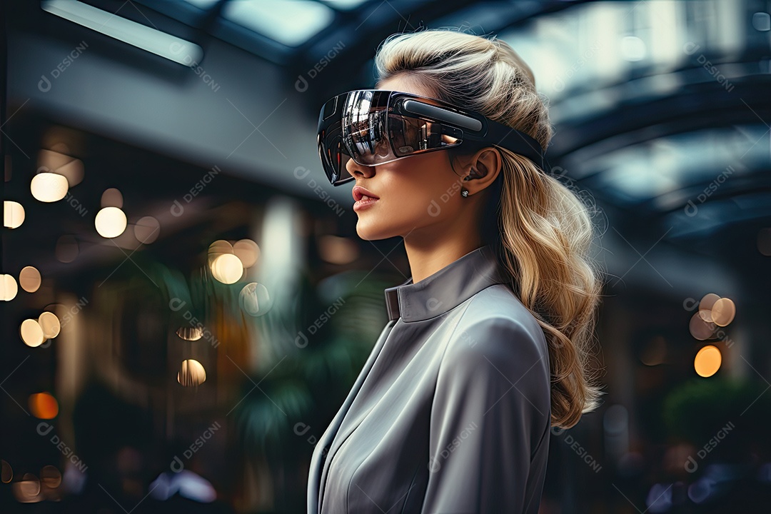 Mulher de negócios usando um óculos de realidade virtual gerado por IA