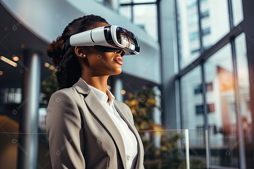 Mulher de negócios usando um óculos de realidade virtual gerado por IA
