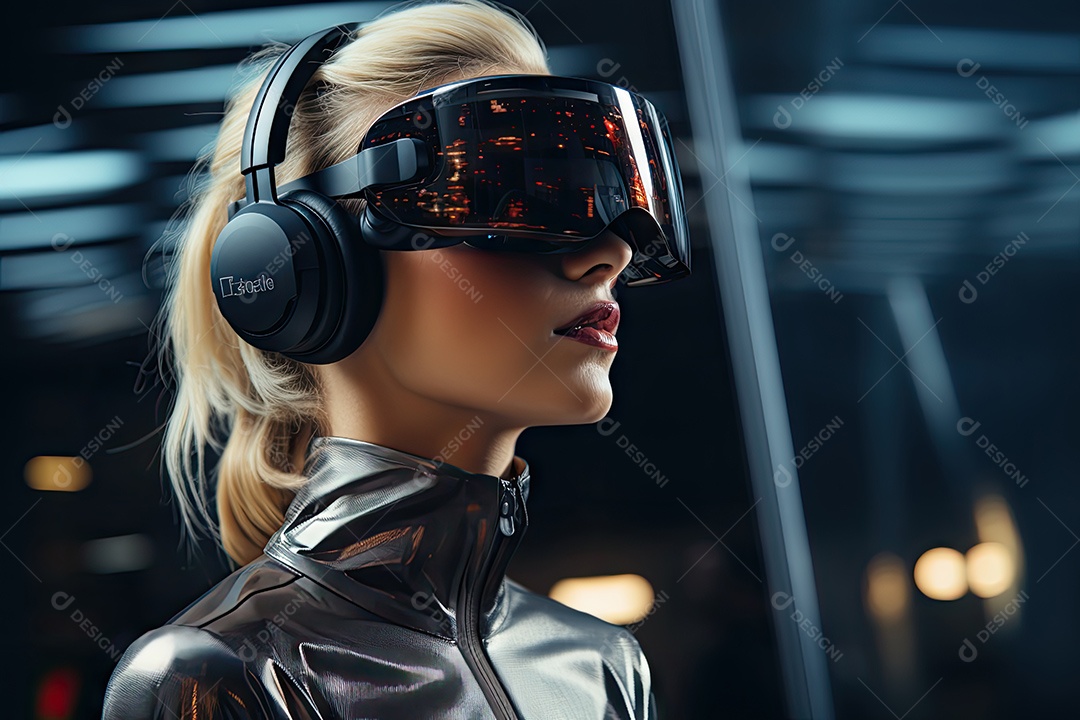 Mulher de negócios usando um óculos de realidade virtual gerado por IA