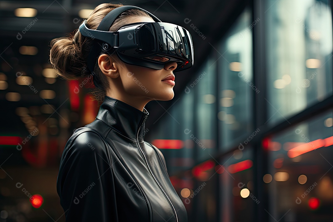 Mulher de negócios usando um óculos de realidade virtual gerado por IA