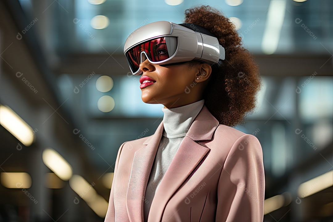Mulher de negócios usando um óculos de realidade virtual gerado por IA