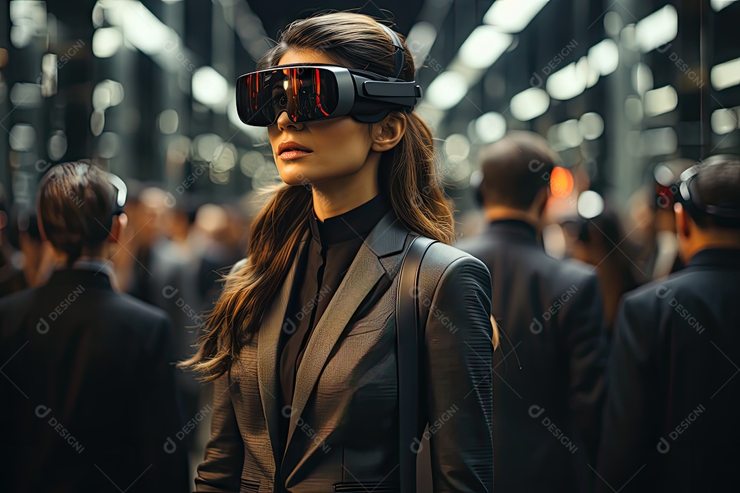 Mulher de negócios usando um óculos de realidade virtual gerado por IA