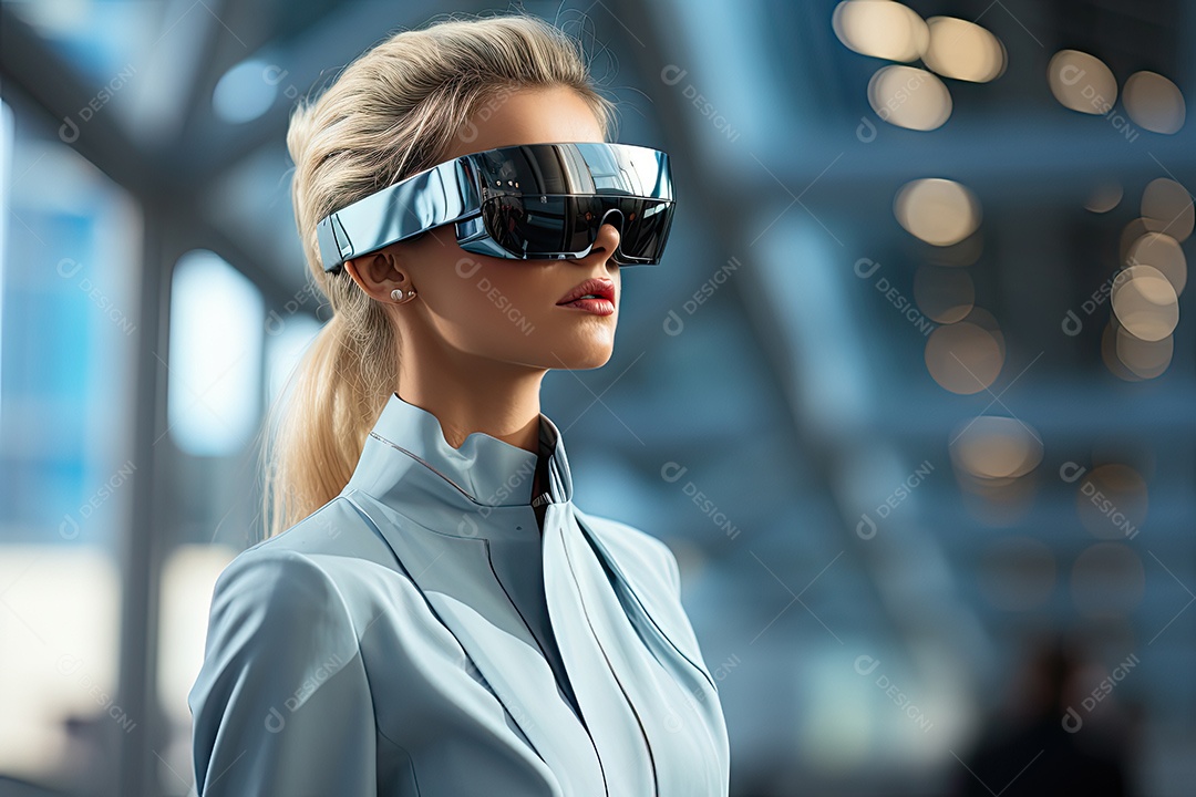 Mulher de negócios usando um óculos de realidade virtual gerado por IA