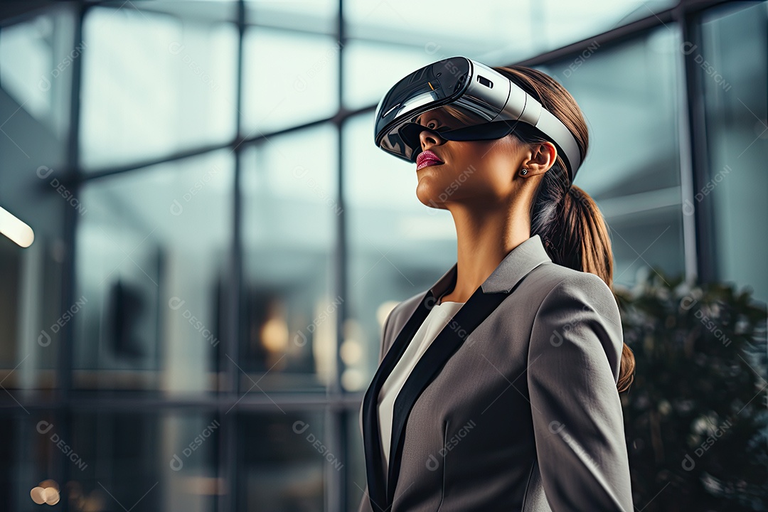 Mulher de negócios usando um óculos de realidade virtual gerado por IA