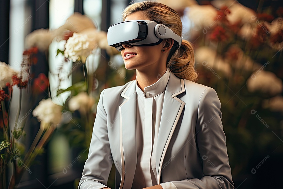 Mulher de negócios usando um óculos de realidade virtual gerado por IA
