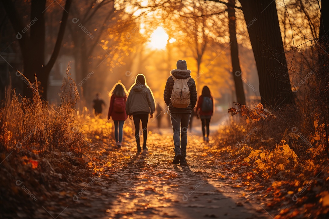 Um grupo desfocado de pessoas ao fundo caminhava em uma estrada perto de um parque