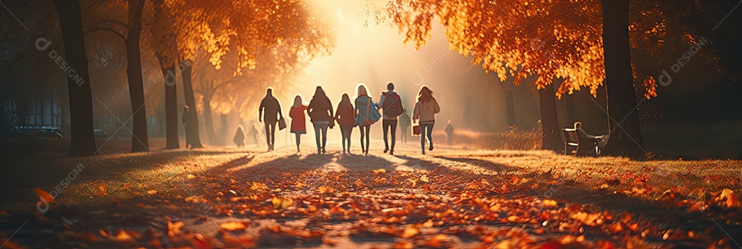 Um grupo desfocado de pessoas ao fundo caminhava em uma estrada perto de um parque
