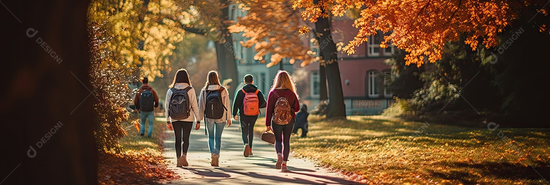 Um grupo desfocado de pessoas ao fundo caminhava em uma estrada perto de um parque