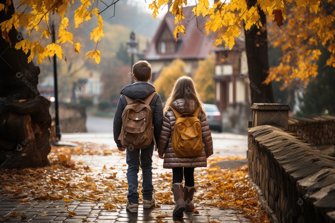 Vista traseira de duas crianças felizes e fofas caminhando lado a lado na rua na área da escola gerado pela IA