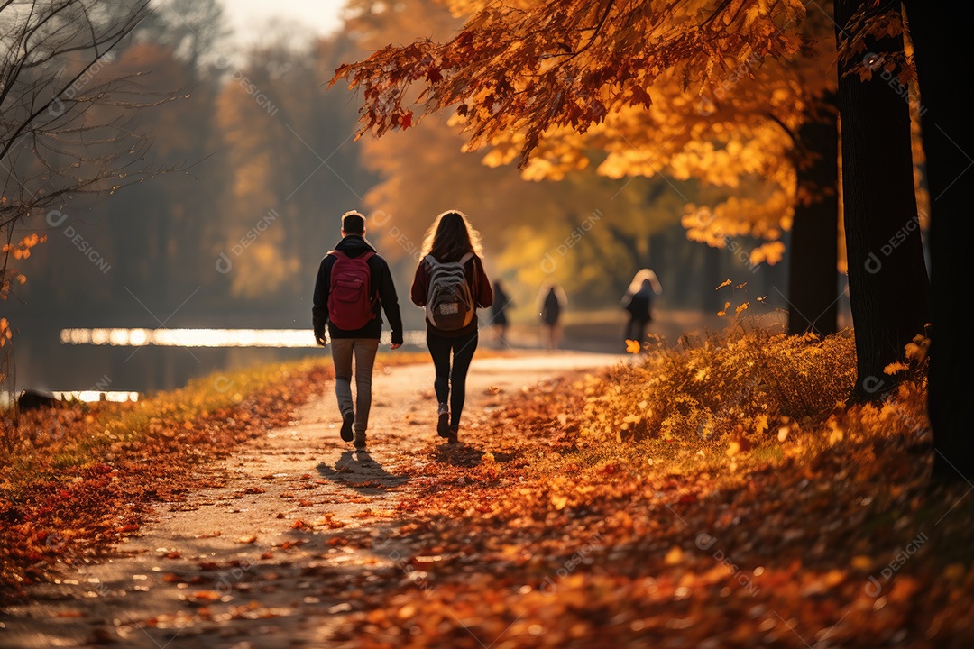 Um grupo desfocado de pessoas ao fundo caminhava em uma estrada gerada pela IA
