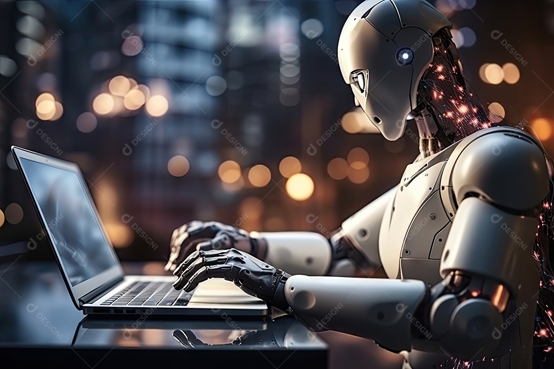 Imagem futurista de um robô visualizando sinais eletrônicos com vários gestos gerado por IA