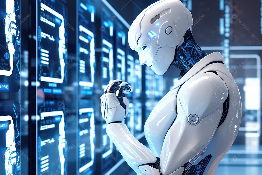 Imagem futurista de um robô visualizando sinais eletrônicos com vários gestos gerado por IA