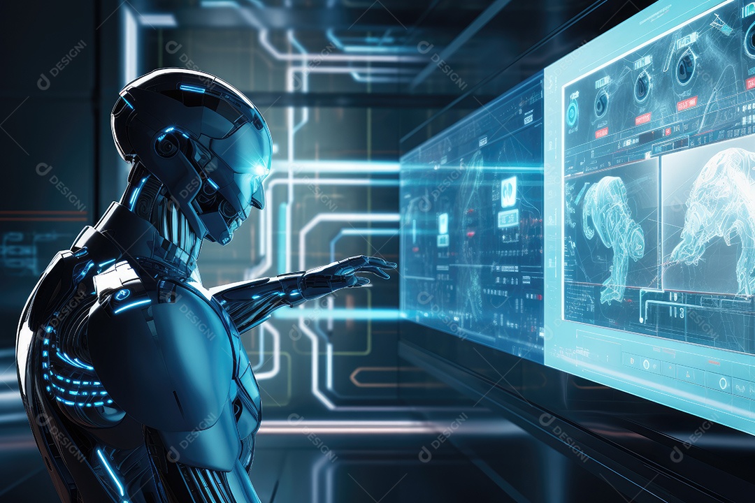 Imagem futurista de um robô visualizando sinais eletrônicos com vários gestos gerado por IA