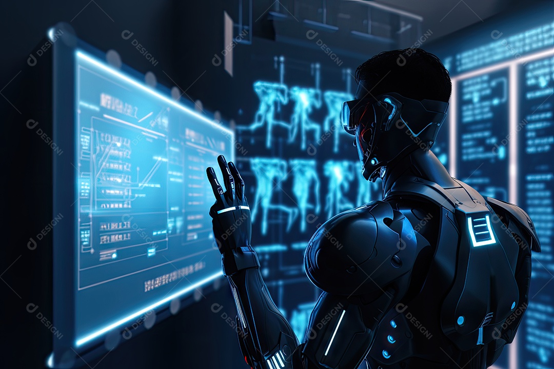 Imagem futurista de um robô visualizando sinais eletrônicos com vários gestos gerado por IA