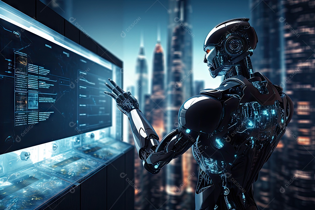 Imagem futurista de um robô visualizando sinais eletrônicos com vários gestos gerado por IA