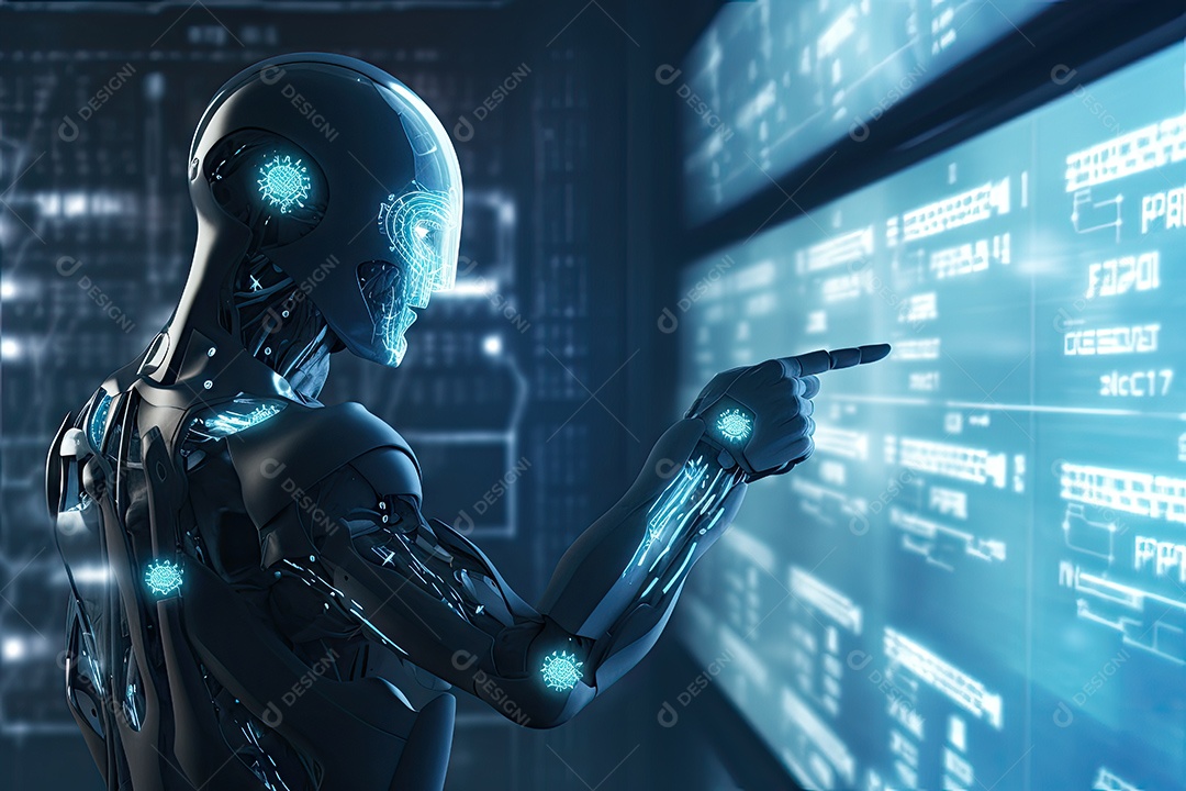 Imagem futurista de um robô visualizando sinais eletrônicos com vários gestos gerado por IA