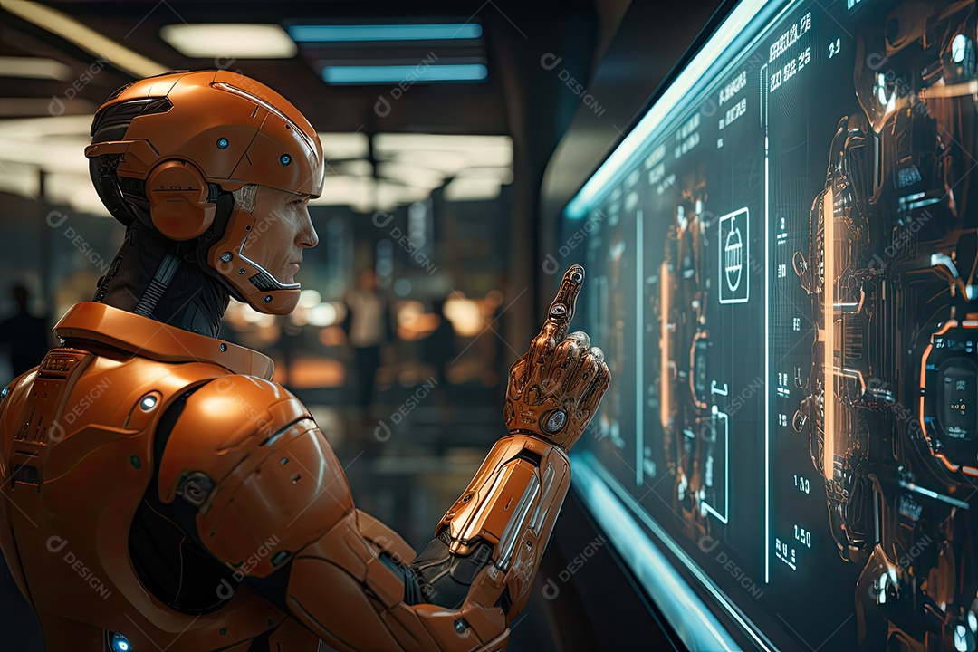 Imagem futurista de um robô visualizando sinais eletrônicos com vários gestos gerado por IA