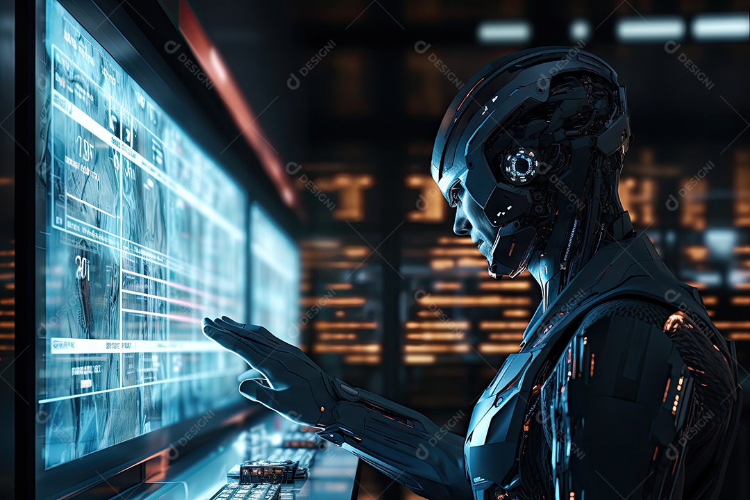 Imagem futurista de um robô visualizando sinais eletrônicos com vários gestos gerado por IA