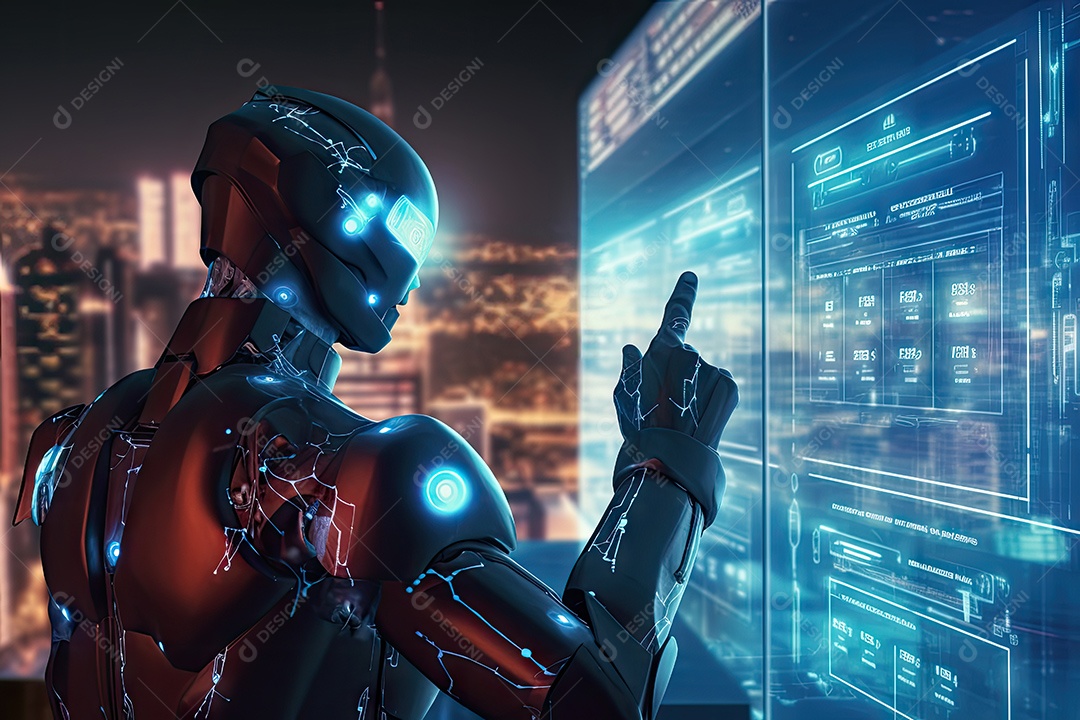 Imagem futurista de um robô visualizando sinais eletrônicos com vários gestos gerado por IA