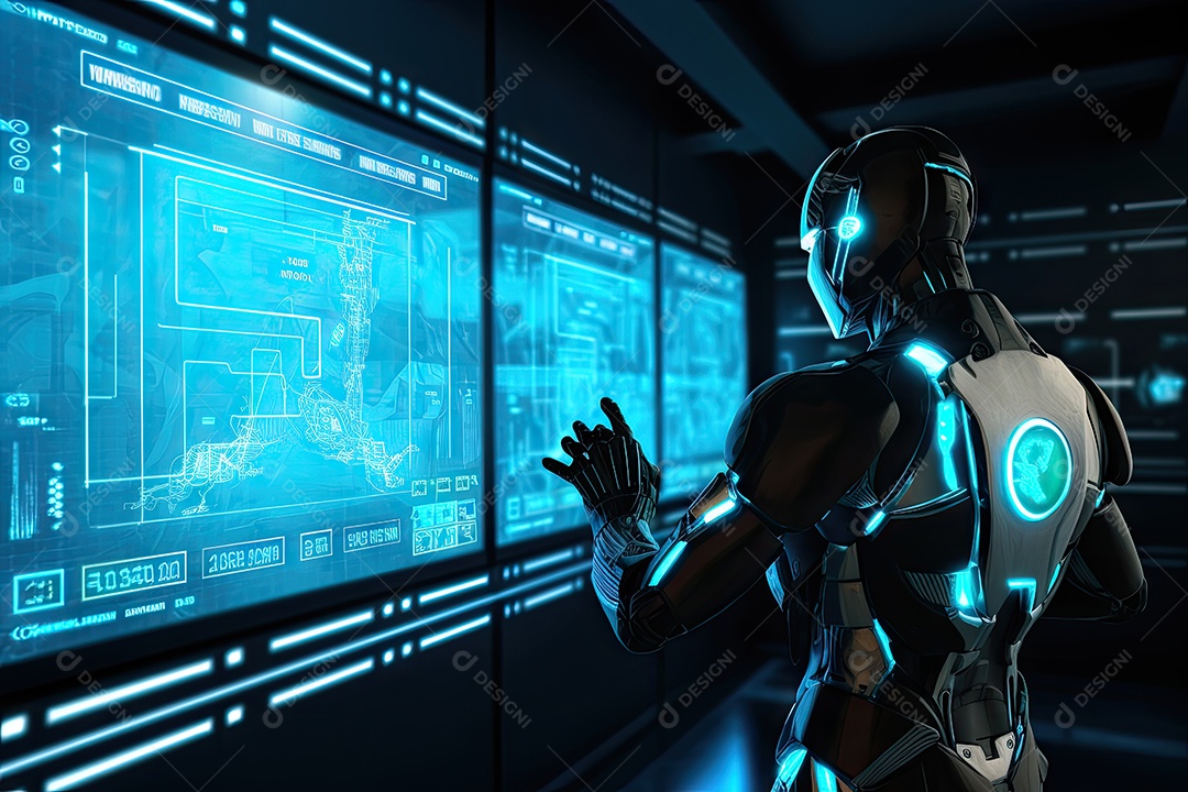 Imagem futurista de um robô visualizando sinais eletrônicos com vários gestos gerado por IA