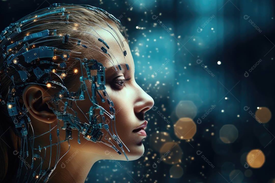 Tecnologia e inteligência artificial a garota ciborgue vem do mundo futuro gerado por IA