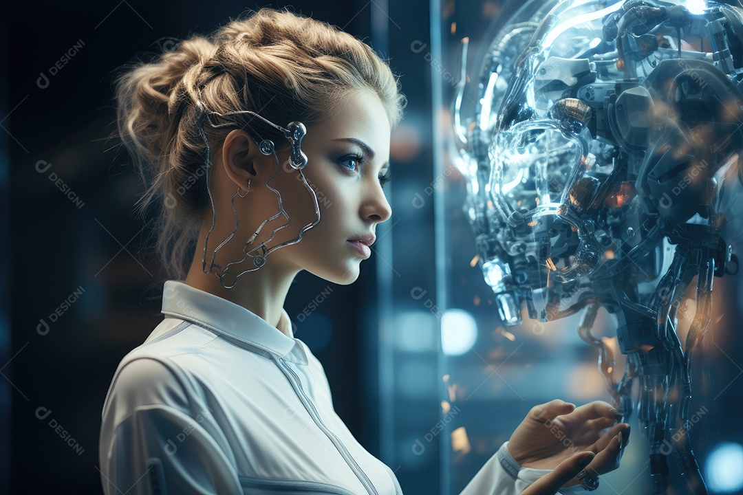 Tecnologia e inteligência artificial a garota ciborgue vem do mundo futuro gerado por IA