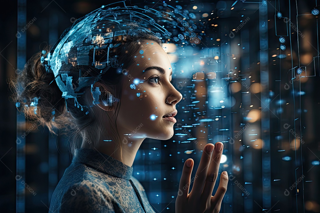 Tecnologia e inteligência artificial a garota ciborgue vem do mundo futuro gerado por IA