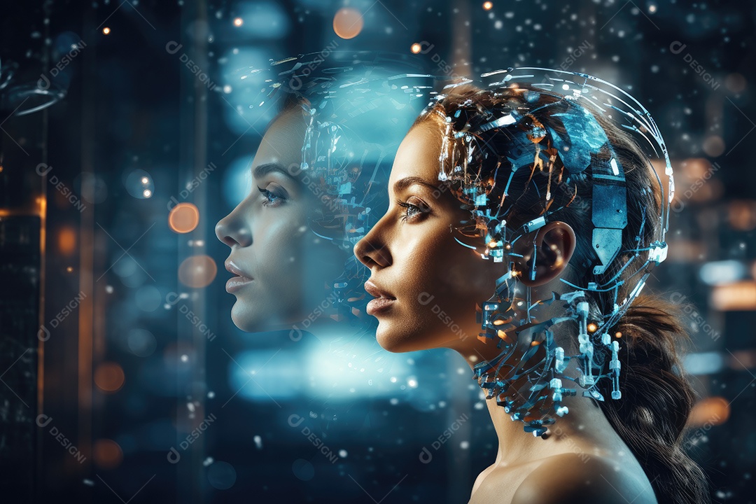 Tecnologia e inteligência artificial a garota ciborgue vem do mundo futuro gerado por IA