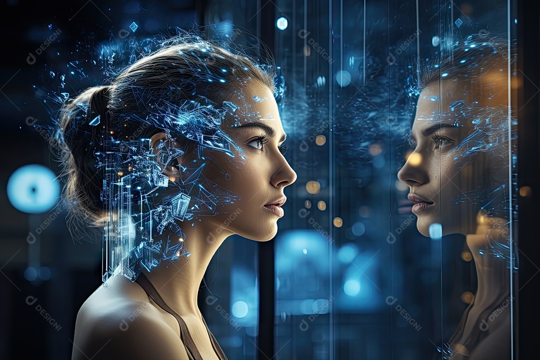 Tecnologia e inteligência artificial a garota ciborgue vem do mundo futuro gerado por IA