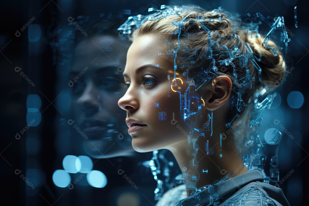 Tecnologia e inteligência artificial a garota ciborgue vem do mundo futuro gerado por IA