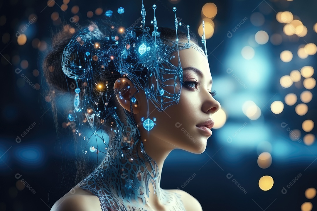 Tecnologia e inteligência artificial a garota ciborgue vem do mundo futuro gerado por IA