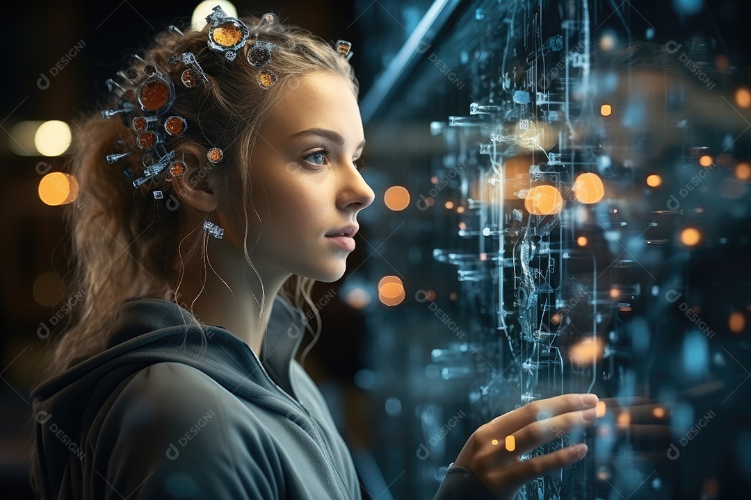 Tecnologia e inteligência artificial a garota ciborgue vem do mundo futuro gerado por IA