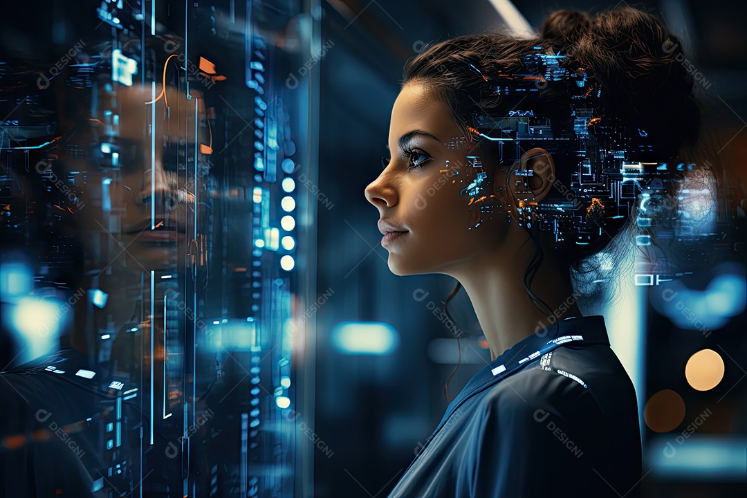 Tecnologia e inteligência artificial a garota ciborgue vem do mundo futuro gerado por IA