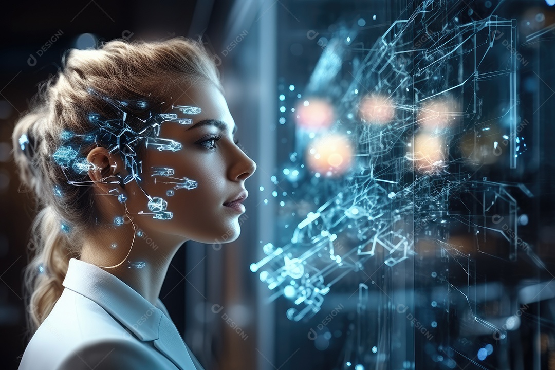 Tecnologia e inteligência artificial a garota ciborgue vem do mundo futuro gerado por IA