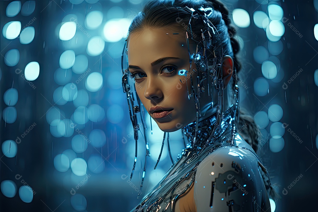 Tecnologia e inteligência artificial a garota ciborgue vem do mundo futuro gerado por IA