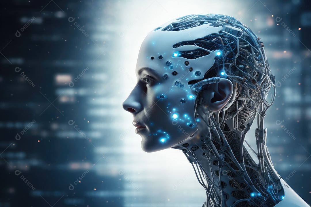 Tecnologia e inteligência artificial a garota ciborgue vem do mundo futuro gerado por IA