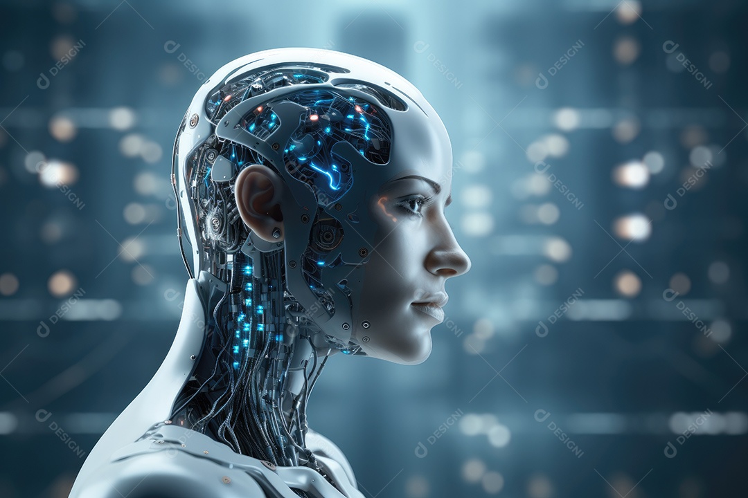 Tecnologia e inteligência artificial a garota ciborgue vem do mundo futuro gerado por IA